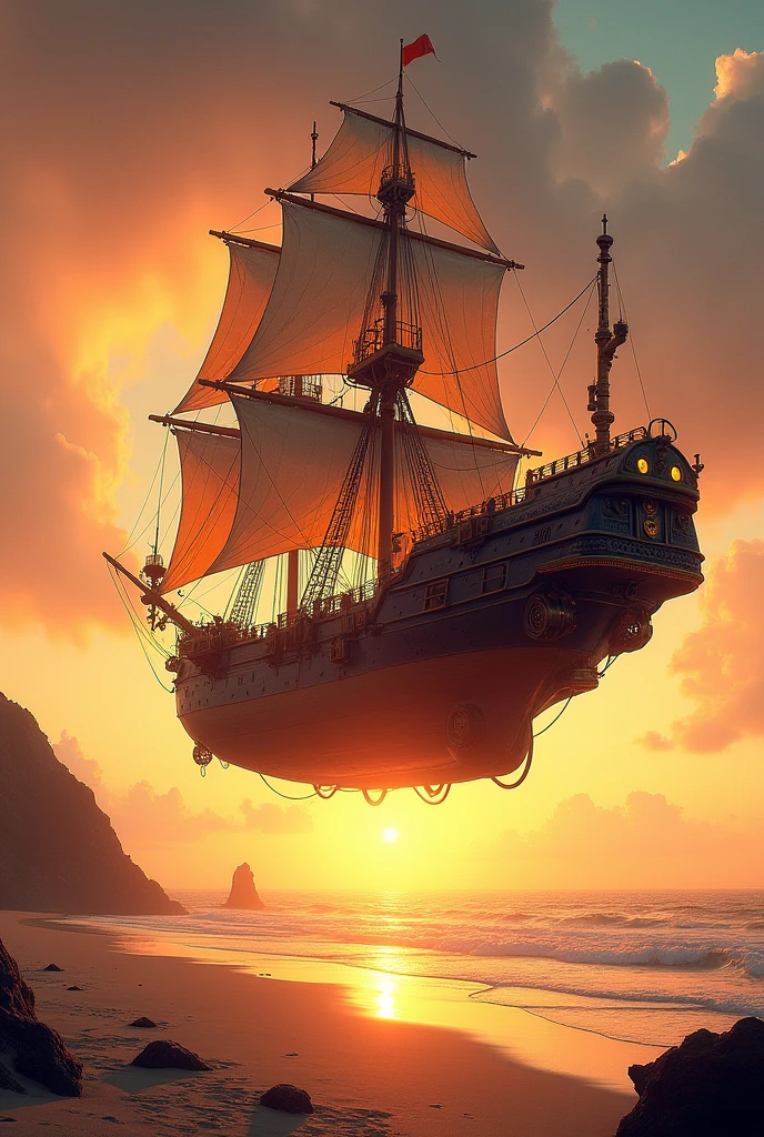 sandy beach, ocean, sunset
a steampunk hybrid of an airship and a sailboat hangs above the shore, the lower part of the hybrid is from a ship, the upper part is from an airship, unusual fantasy