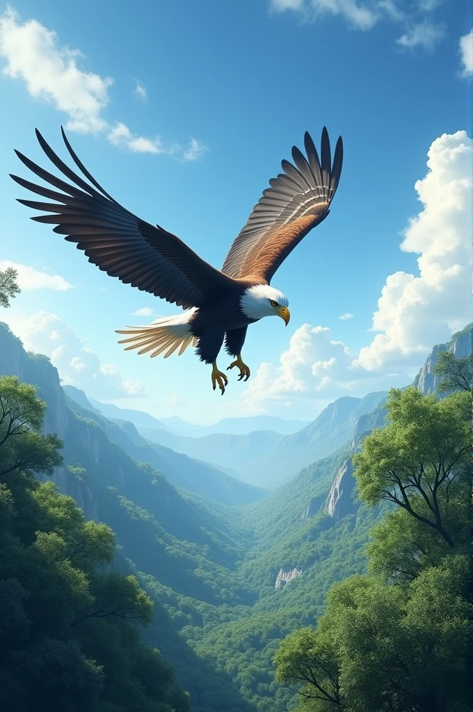 A majestic eagle with a broad wingspan soaring high above a dense forest. The eagle's sharp eyes are focused downward, scanning the landscape for prey. The sky is clear with a few scattered clouds, and the forest below is lush and green.