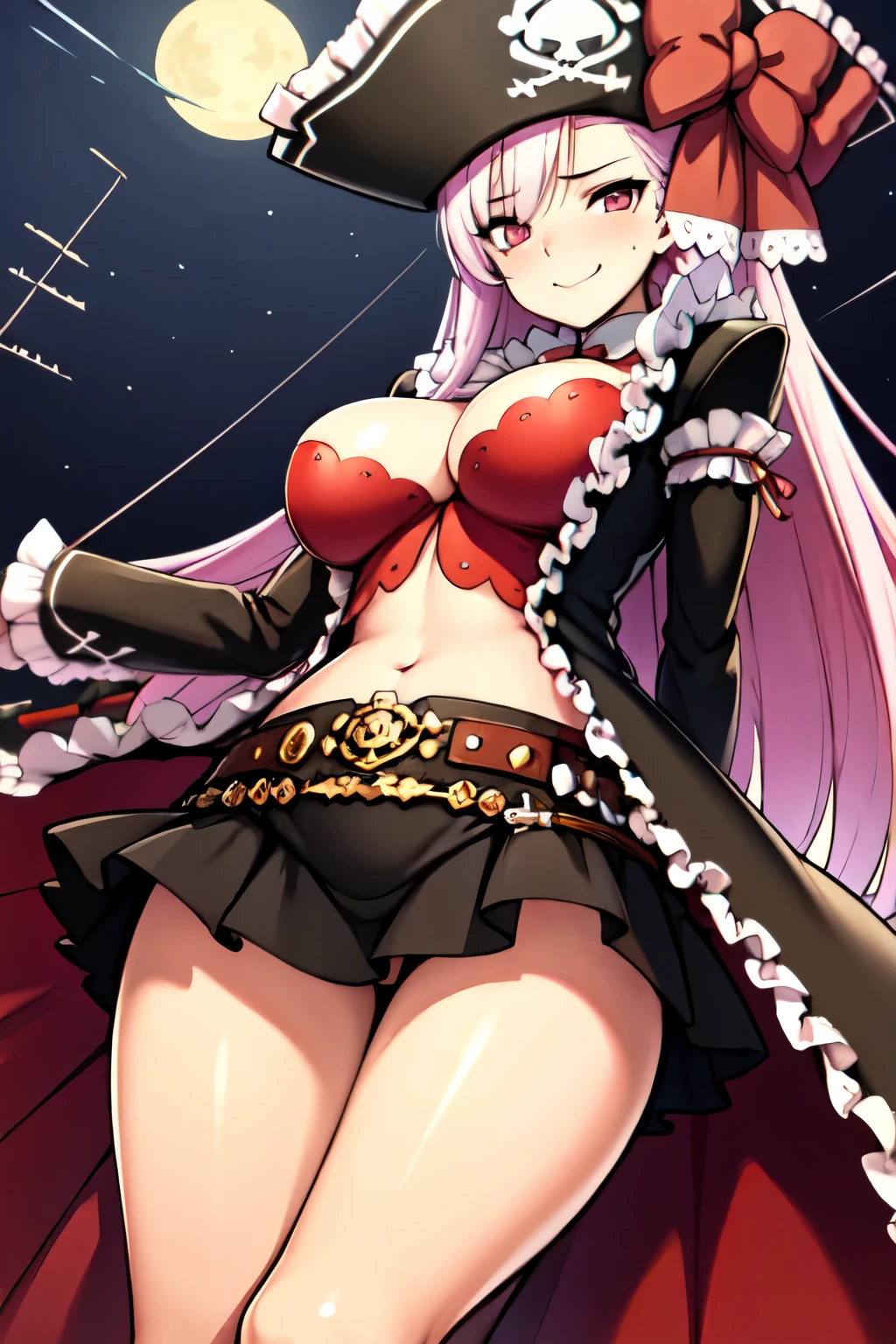 masterpiece, high res, detailed face, detailed eyes, 1 girl, solo, big breasts, pink hair, pink eyes, long hair, pirate hat, red bowtie, pirate costume, belt, black skirt, smirk, closed mouth, (dark background), (night time)