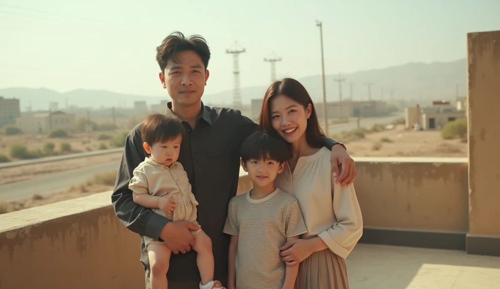 A photograph held by a hand shows a korean family of four standing together in an outdoor setting, likely on a rooftop or balcony. The family consists of a father, mother, and two children. The father, dressed in a dark shirt, is holding the younger child in his arms while the mother, wearing a light-colored blouse, stands beside him with her hand on the older child's shoulder. The older child, dressed in a striped shirt, stands in front of the mother, slightly leaning against her. The background features a dusty abandoned road desert like area. Sunny, hazy, dust, desaturated colors, low contrast, cinematic. The photograph itself is slightly worn, with visible creases and minor damage around the edges