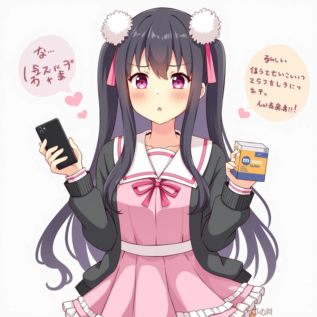 One person, Black Hair,Pink inner color,Half Twin Tail, bangs,Pink Eyes, Droopy eyes,Hearts in eyes, White fluffy hair accessory,Pink hair ribbon, An illustration,skirt,Frills,Mine system,smartphone,Pink Sailor Suit,Dark cardigan,Drooping eyes,Confused eyes,Worried brow,Yandere,Simple background,smartphone,delivery,Illness,high school student
