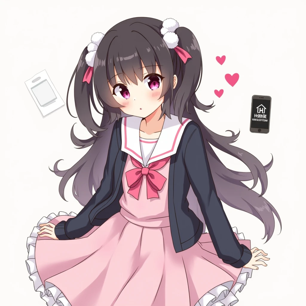 One person, Black Hair,Pink inner color,Half Twin Tail, bangs,Pink Eyes, Droopy eyes,Hearts in eyes, White fluffy hair accessory,Pink hair ribbon, An illustration,skirt,Frills,Mine system,smartphone,Pink Sailor Suit,Dark cardigan,Drooping eyes,Confused eyes,Worried brow,Yandere,Simple background,smartphone,delivery,Illness,high school student