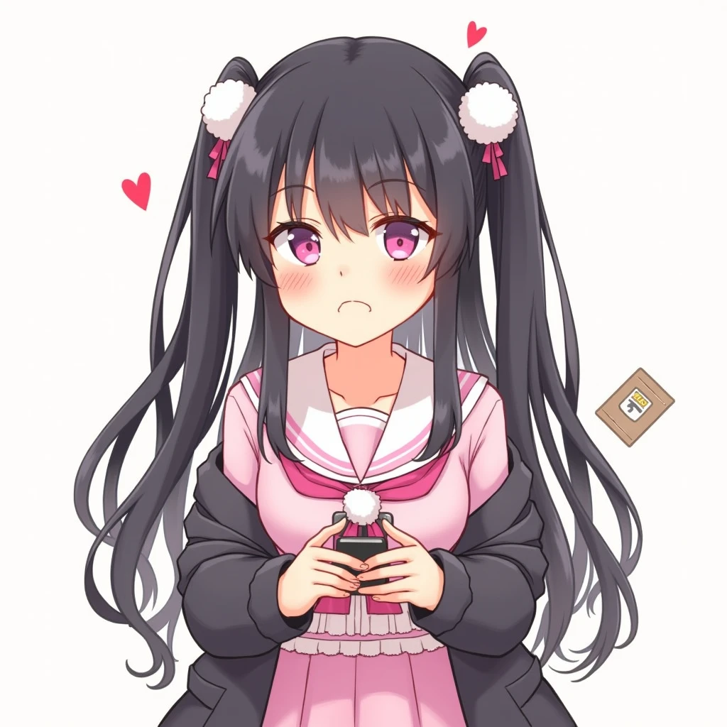 One person, Black Hair,Pink inner color,Half Twin Tail, bangs,Pink Eyes, Droopy eyes,Hearts in eyes, White fluffy hair accessory,Pink hair ribbon, An illustration,skirt,Frills,Mine system,smartphone,Pink Sailor Suit,Dark cardigan,Drooping eyes,Confused eyes,Worried brow,Yandere,Simple background,smartphone,delivery,Illness,high school student