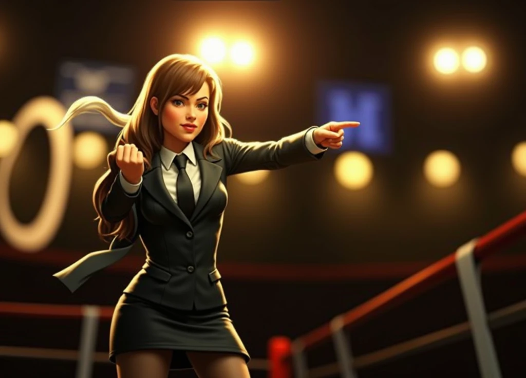 Female wearing suit and tie intense fighting in boxing ring, black suit, (three-piece suit), skirt suit, necktie, bodycon miniskirt, pantyhose, waistcoat, dynamic lighting, in the dark, deep shadow, low key, cowboy shot full-lenght body,fight stance, taunting, winning pose, preppy style, powerfull fight stance, focus, she win the fight pose, professional fighter fight stance, domination fight, avoiding punch from enemy while taunting, preppy fight style, laughing to the enemy, pointing to the camera, hands up professional fighter, hand touching her necktie to tease opponent, looking at viewer from below