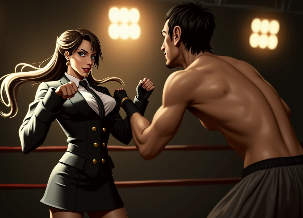 Female wearing suit and tie intense fighting in boxing ring, black suit, (three-piece suit), skirt suit, necktie, bodycon miniskirt, pantyhose, waistcoat, dynamic lighting, in the dark, deep shadow, low key, cowboy shot full-lenght body,fight stance, taunting, winning pose, preppy style, powerfull fight stance, focus, she win the fight pose, professional fighter fight stance, domination fight, avoiding punch from enemy while taunting, preppy fight style, laughing to the enemy, pointing to the camera, hands up professional fighter, hand touching her necktie to tease opponent, looking at viewer from below