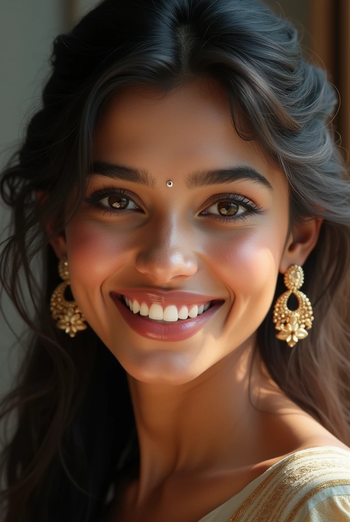 (high quality, masterpiece, HDR, 256K), (hyper-realistic, photorealism) 20 year old extremely beautiful Tamil girl, (intricate detailed extremely beautiful face, eyes, ears, nose, lips, textured skin), eyes symmetry, (bright smile)