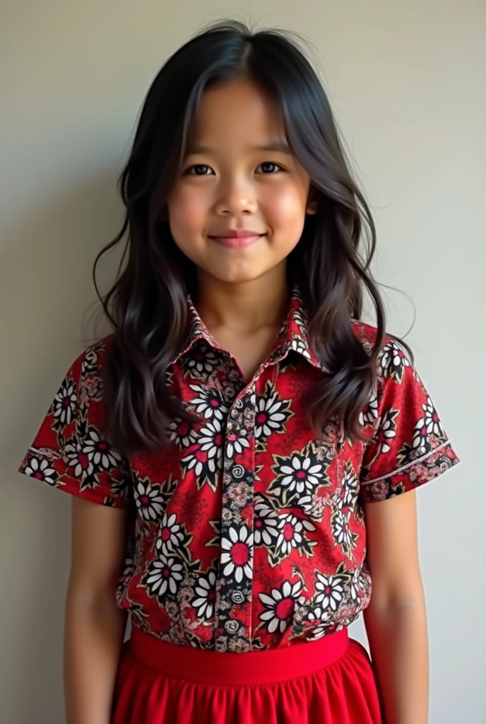 A Filipino girl, with a red, white and black shirt and a red, white and black skirt