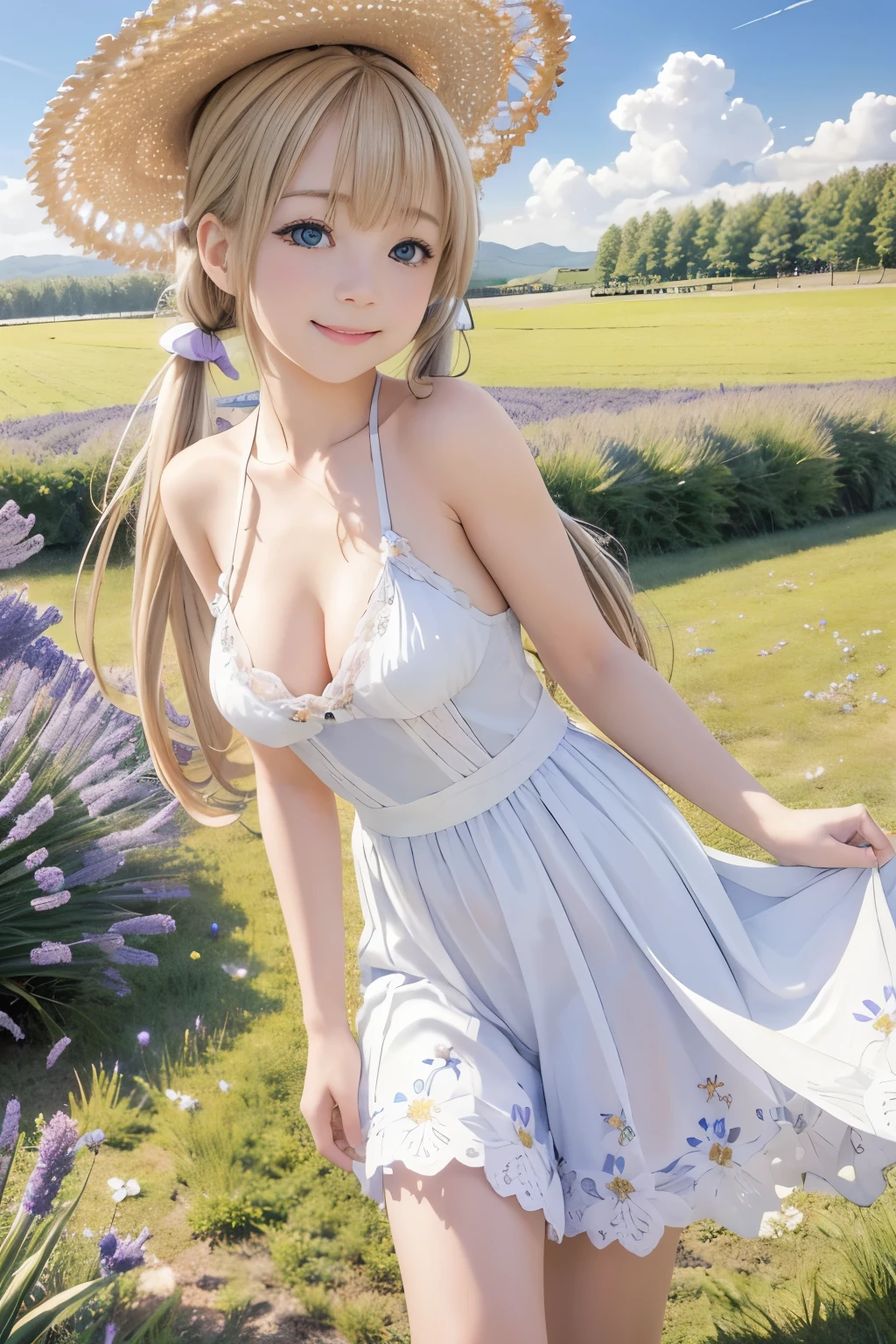 (8k, RAW Photos, Realistic, photo-Realistic:1.5), masterpiece, Highest quality, High resolution, Very detailed, Detailed Background, Cinema Lighting, Dynamic Angle, Lens flare, dramatic, One person, cute, alone, Wind, Light blonde hair, blue eyes, Very long twin tails, White Hat, blue null, smile, Flying petals, flowery Field, null, lavender, sun, Field, Fractal Art,naked