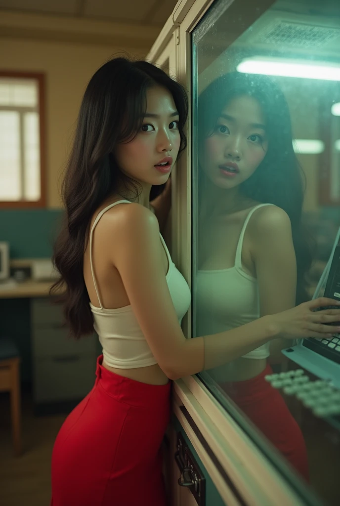 A young Asian woman in a vibrant red skirt, pressing her body against a vintage office copy machine. Her eyes are wide with surprise as she watches her reflection appear on the glass.