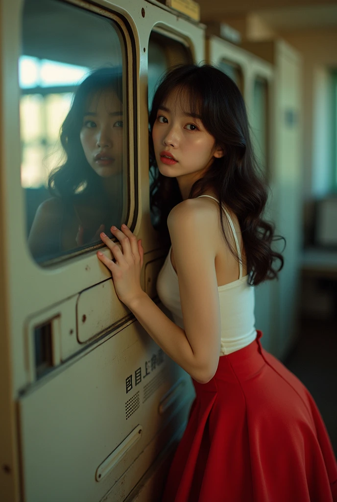 A young Asian woman in a vibrant red skirt, pressing her body against a vintage office copy machine. Her eyes are wide with surprise as she watches her reflection appear on the glass.