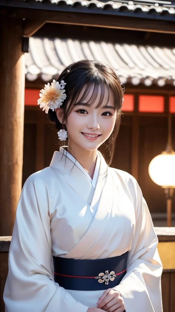 (Super beautiful woman in kimono)、((highest quality、8K masterpiece:1.3))、sharp focus:1.2、(super beautiful face:1.0)、(shiny skin:1.0)、realistic pictures、black hair、video lighting、High resolution eyes and face、video lighting、japanese actress、from the front、with a happy smile、whole body、wearing a kimono、in Kyoto、(luxury obi)、with a fan、Fireworks Display