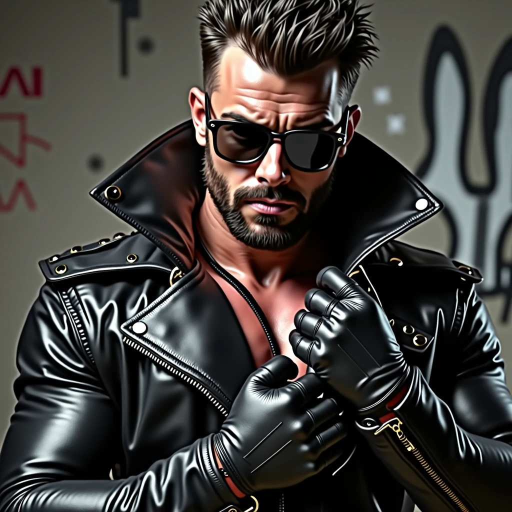 Frontal view of a muscular, bearded leather man like Tom of Finland, very hairy, wearing a rocker leather jacket with the collar turned up very high, leather pants, a harness in the chest and tight leather gloves.