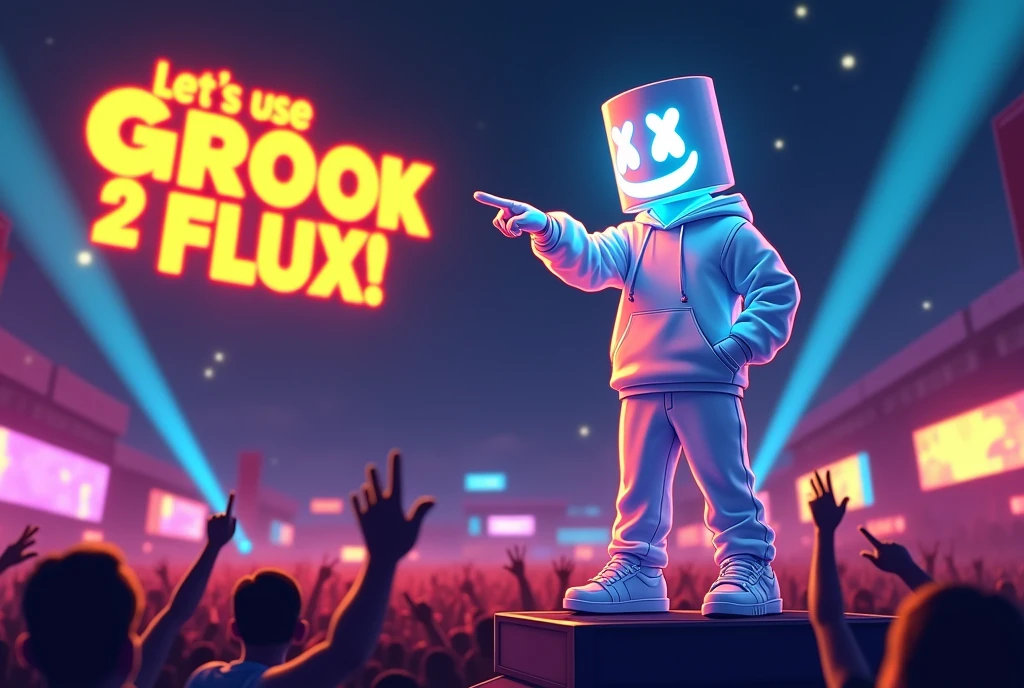 Art style: Ankama vivid animation style, Vibrant colors, expansive storyworlds, stylized characters, flowing motion.
In an outdoor, night-time EDM concert, DJ Marshmello stands on a platform, pointing at the giant floating neon yellow words "Let's use GROK 2 FLUX!" in the sky.
Marshmello's outfit features a white, LED-lit hoodie with his iconic marshmallow face logo, glowing mask with a subtle smile, white pants, and matching sneakers. His outfit shines brightly against the night sky.
Colorful beams of light cut through the dark, while silhouetted figures in the crowd raise their hands.