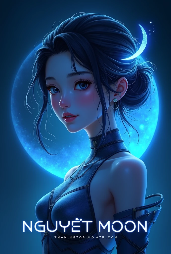 this is a game logo that includes the name" Nguyet moon " in a futuristic font and the color Blue, the girl with haft moon