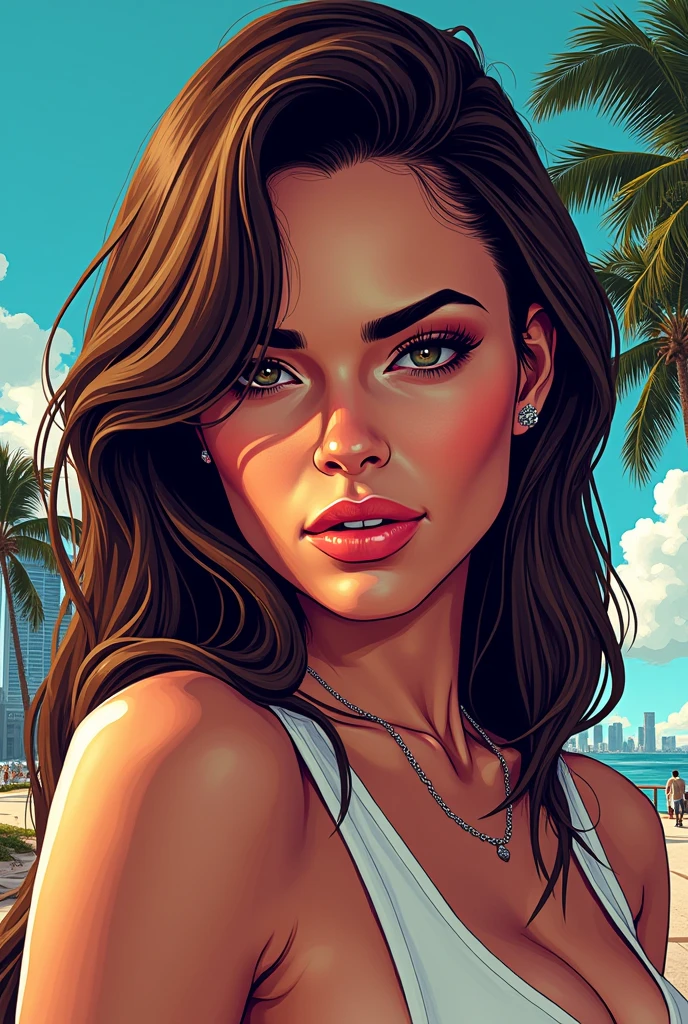 Dessin contour trait epais visage femme style gta brune fond ville miami