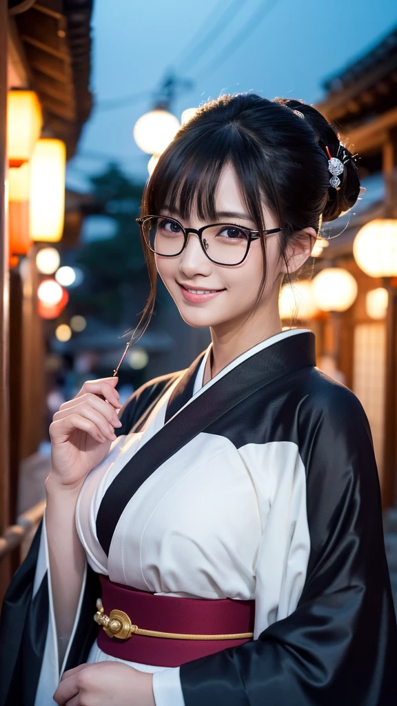(Super beautiful woman in kimono)、((highest quality、8K masterpiece:1.3))、sharp focus:1.2、(super beautiful face:1.0)、(shiny skin:1.0)、realistic pictures、black hair、video lighting、High resolution eyes and face、video lighting、japanese actress、from the front、big breasts、with a happy smile、Slender abs beauty、whole body、wearing a kimono、in Kyoto、(((luxury obi)))、In Kyoto at night、wearing glasses with no edge、with a fan、Fireworks Display