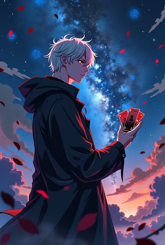 A man with white hair and red eyes wearing a black windbreaker looking up at the starry night sky，Playing with a stack of playing cards，Anime style，Highly detailed，Film Lighting，dramatic，（Best quality，4K，8k，high resolution，masterpiece：1.25），Ultra Detailed，（lifelike，Photoreal，Photoreal：1.37），dramatic的灯光，Moody atmosphere，Dynamic composition，Intricate details，Vibrant colors，Whimsical fantasies，Surrealist elements，Magical Realism