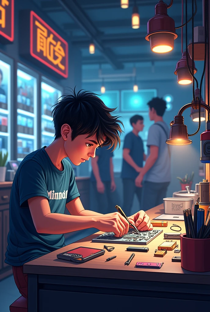 Imagine a bustling scene inside your shop, "Future Tech." The boy wearing the "Minnal" T-shirt is focused on repairing a mobile phone, using tools on a well-lit workbench. Around him, a few customers are standing, observing his work or browsing the latest gadgets displayed in the shop. The atmosphere is dynamic and busy, highlighting the shop's reputation as a go-to place for tech enthusiasts.