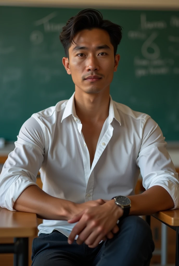 Vietnamese gentleman, 25 years old, stupid face,teacher,shiny tight clothes, tanned skin,Handsome and elegant, Wearing a  uniform, sexy , Masculine and handsome，musculous，Muscles look good,,, Full body photo,(ultra-detailed, photorealistic, best quality, 4k, 8k, highres, masterpiece:1.3), a mature man, charming and distinguished , (muscular build body), wearing tailored shiny  dress shirt,  sweat, unbutton buttons shirt, lewd face ,tight chest, sex,See-through shirt, erotic, horny, , Accessories include a luxury wristwatch, in the Classroom‎,looking at viewer,muscle veins,no underwear ,Tight shirt makes muscle,unbutton,six pack,sitting on the lap of the gym teacher