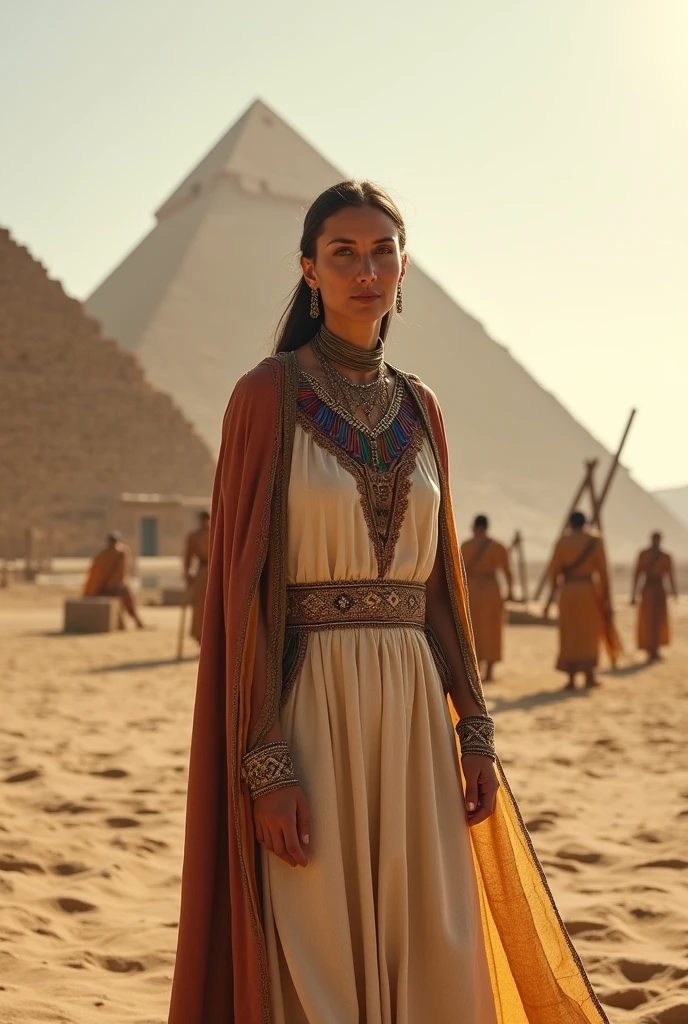woman, 55 years old, outfit Egypt 2550 BC, background, construction of the pyramids, sun, desert, period photo