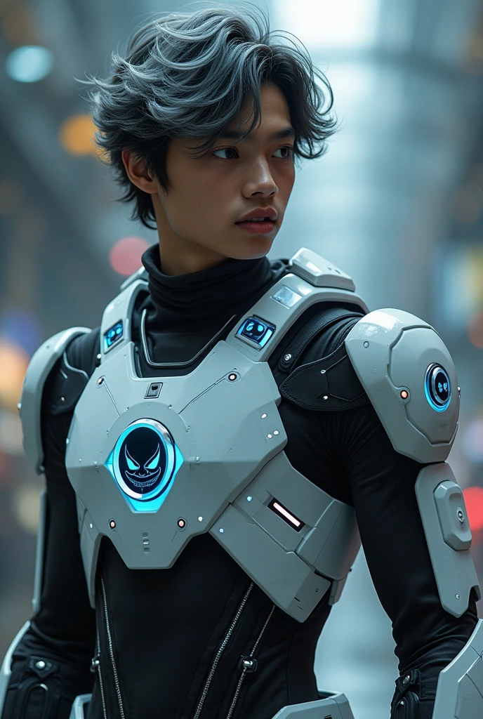 Boy malay Indonesia wear red white exoskeleton. Robot face on body. Led nipple blue. Black hair little white hair detail. . 19 year old boy. Wavy hair. Tan skin. High tech suit. Mirage armor . Taking anger robot face red. Emoji robot. Punisher. Mechanize robot face at chest. Glowing robot eyes. Talking tobot face on body. 