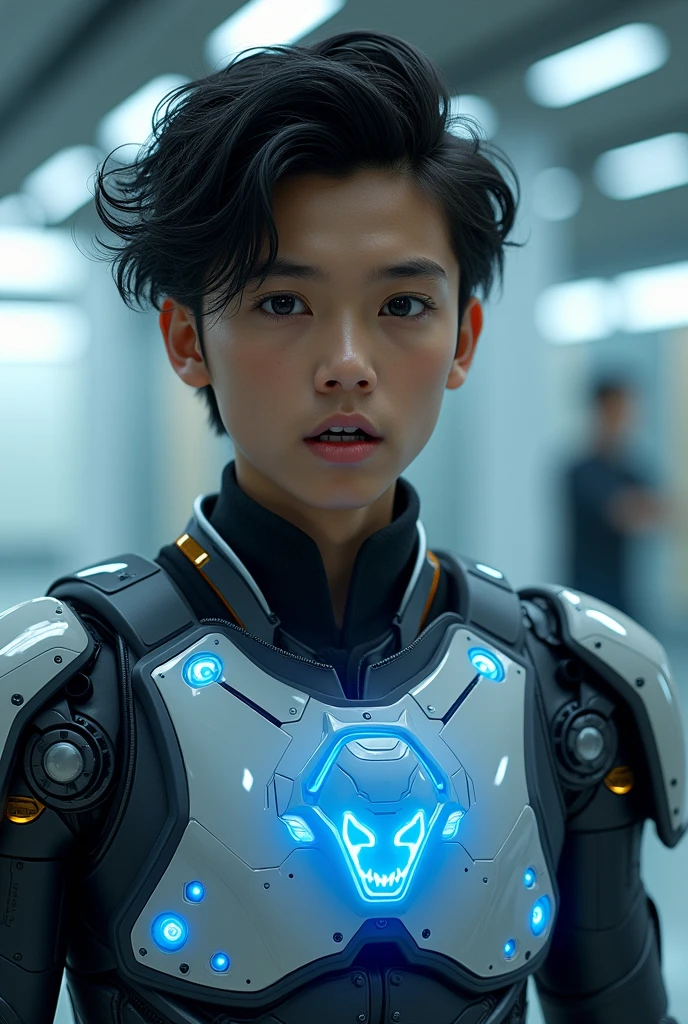 Boy malay Indonesia wear red white exoskeleton. Robot face on body. Led nipple blue. Black hair little white hair detail. . 19 year old boy. Wavy hair. Tan skin. High tech suit. Mirage armor . Taking anger robot face red. Emoji robot. Punisher. Mechanize robot face at chest. Glowing robot eyes. Talking tobot face on body. 