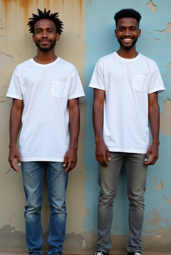 Create a split-image of the same light skinned 21 years old Ethiopian man shown side by side against a messed up wall as a background to illustrate a before and after transformation. In the 'before' image on the left, depict the man as shorter and wearing a plain white T-shirt and jeans. In the 'after' image on the right, show the same man taller, with no change in physique, wearing the same white T-shirt but with casual pants instead. Both images should have the man smiling and looking directly at the camera, with a noticeable difference in height and little difference on presence. The background should be the same for both pictures and minimalist with natural lighting, highlighting the transformation. Make the picture realistic