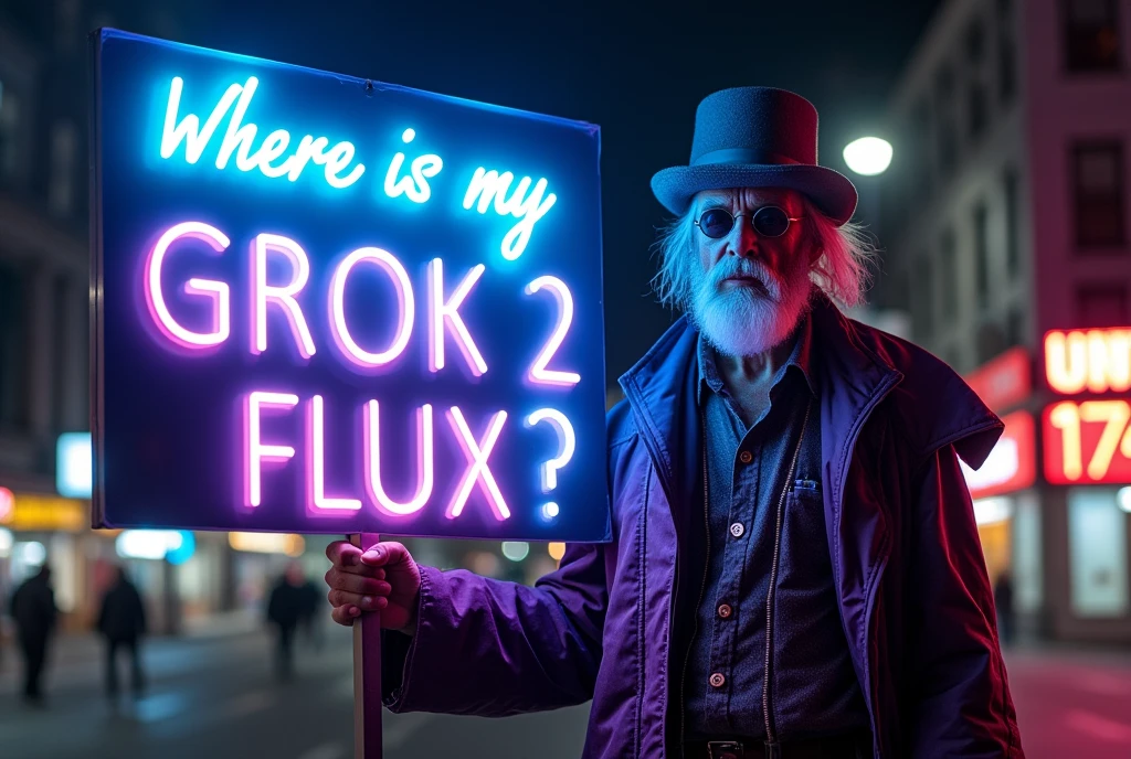 hyperrealistic lifelike photo of a homeless man wearing an elaborate outfit, holding a big blue and purple neon sign that says "Where is my "GROK 2 FLUX"?" He's' standing in front of an extremely detailed city background in the style of Roger Deakins, at night.