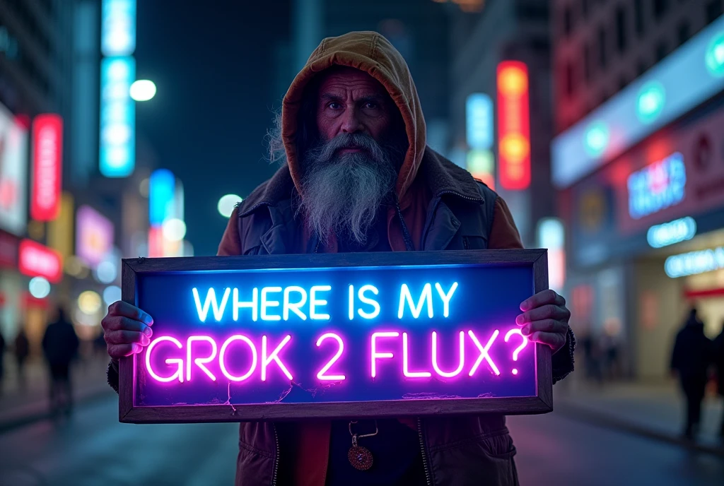 hyperrealistic lifelike photo of a homeless man wearing an elaborate outfit, holding a big blue and purple neon sign that says "Where is my "GROK 2 FLUX"?" He's' standing in front of an extremely detailed city background in the style of Roger Deakins, at night.