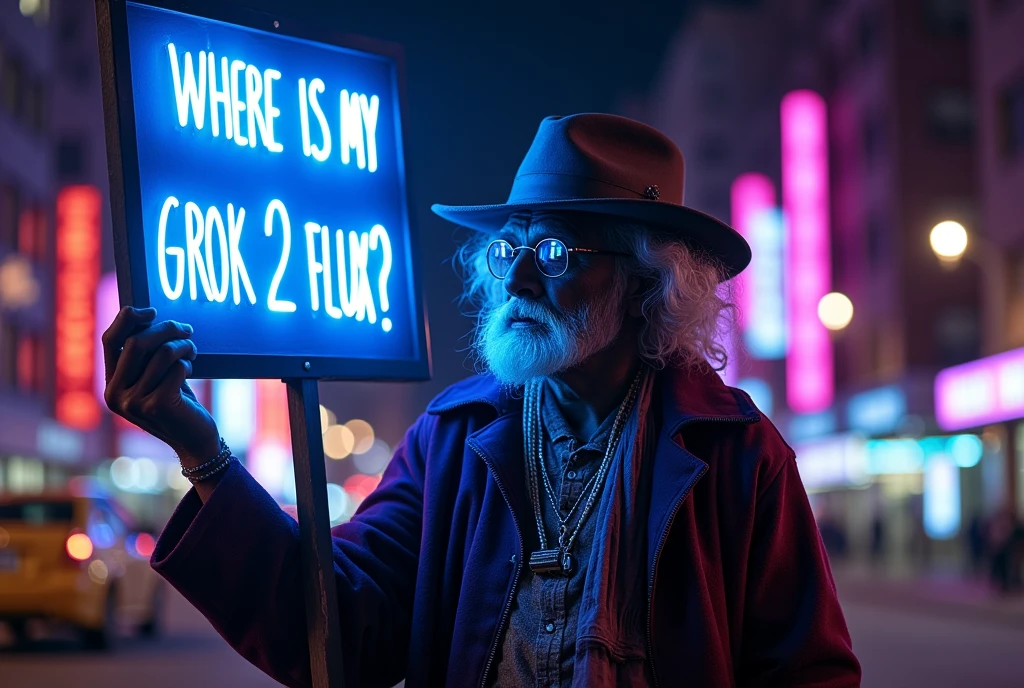 hyperrealistic lifelike photo of a homeless man wearing an elaborate outfit, holding a big blue and purple neon sign that says "Where is my "GROK 2 FLUX"?" He's' standing in front of an extremely detailed city background in the style of Roger Deakins, at night.