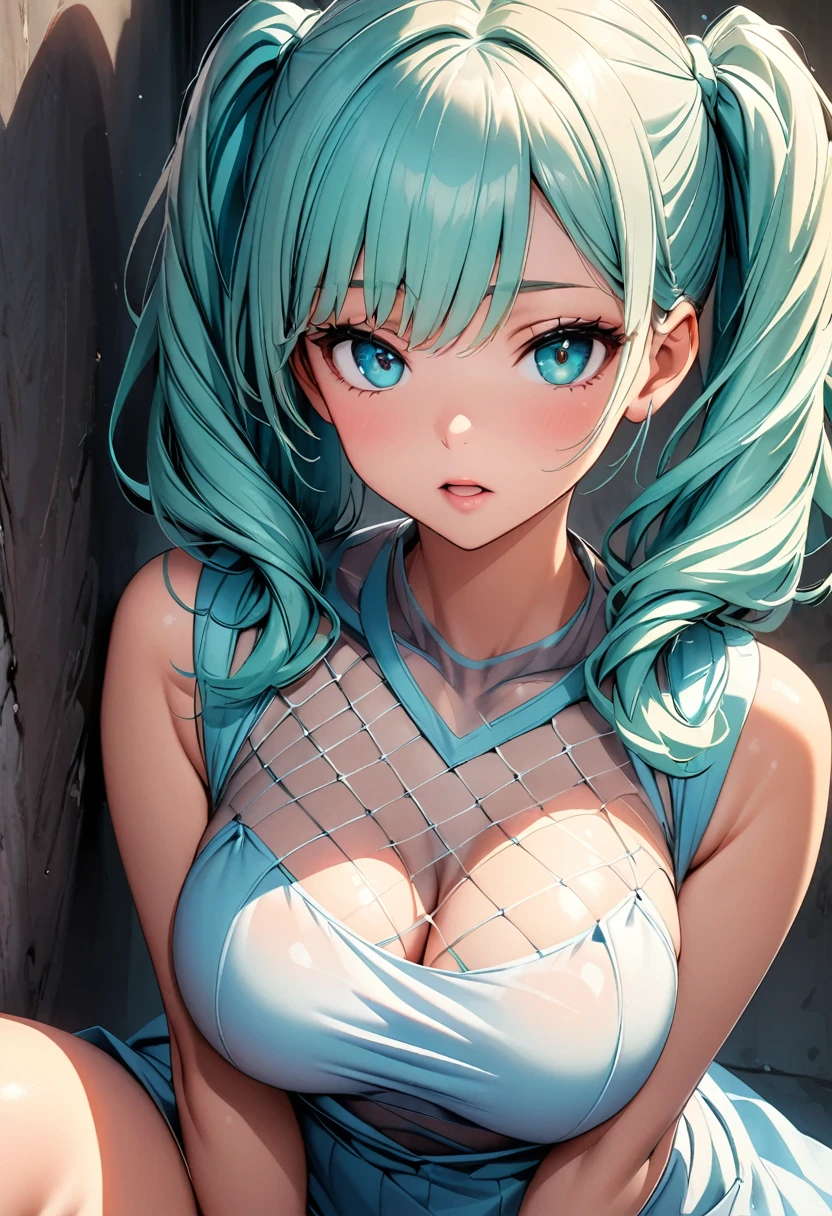 (Highest quality:1.24, Very detailed, Delicate and beautiful CG art, Detailed illustrations, Attention to detail, masterpiece:1.2, Highest quality, Best aesthetics), (((1 person))), JK, ((Body net:1.2, Pastel Dress, sexy)), Open your mouth:1.2, (Aqua Hair, Twin tails in raised position, Bust Shot:1.1, Front view, Random Pause, Friendly atmosphere, Shiny Hair, Beautiful Skin, Detailed face and eyes, Glossy Lips, Curvy Women, Slender body, Beautiful breasts:1.4, Leaning against a wall, Light and shadow with attention to detail, Background Blur.