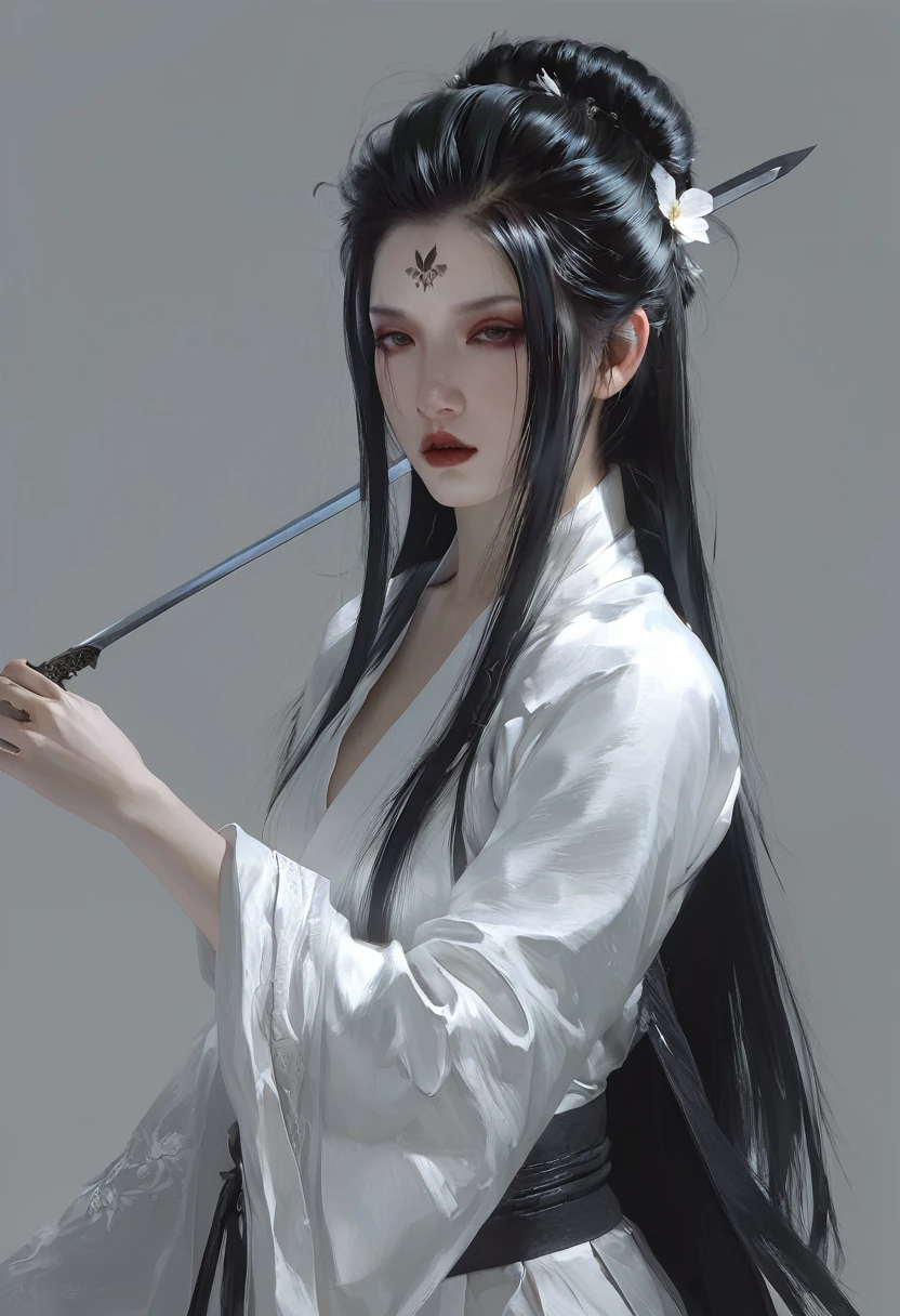 A woman with black hair and white skin, artwork in the style of Gu Weiss, Gu Weiss, the style of WLOP, ross tran and WLOP, Inspired by WLOP, Eve Ventro, in style of WLOP, WLOP and ross tran, Pan Chengwei on artstation, best on WLOP, WLOP |，A long sword hangs from his waist