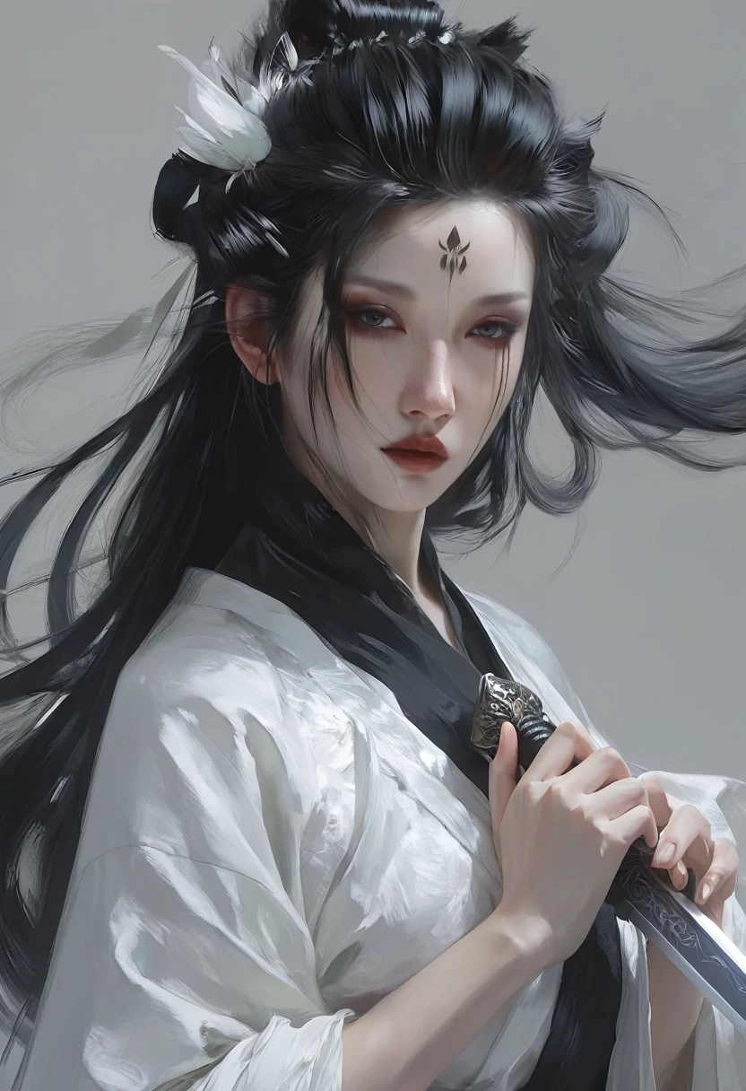 A woman with black hair and white skin, artwork in the style of Gu Weiss, Gu Weiss, the style of WLOP, ross tran and WLOP, Inspired by WLOP, Eve Ventro, in style of WLOP, WLOP and ross tran, Pan Chengwei on artstation, best on WLOP, WLOP |，A long sword hangs from his waist