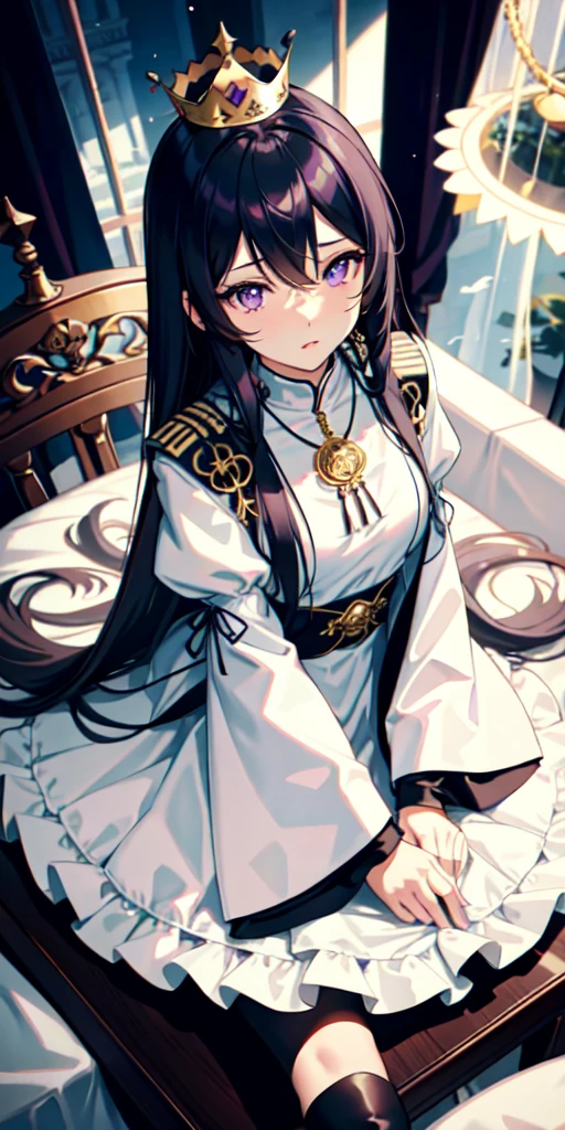 (top view),Dynamic Angle,Extremely detailed, illustration, close up, straight on, 1 girl, (fantasy:1.4), (Purple Eyes:1.233),Her eyes shone like Dreamy stars,(Glowing eyes:1.233),(Beautiful and delicate eyes:1.1),(Black Hair:1.14),(Long straight hair，Hair between the eyes,Side lock), (+(crown:1.14)),(Lolita dress,Golden flower pattern)/=(military uniform:1.24),(Separate sleeves,Wide sleeves),(Fingerless gloves),necklace,(miko knee socks),Black high heel boots,(poker face,Residence),(Everlasting), (Classical princess boudoir，With dressing table and French windows，Located in an old white palace),(White flowers,bloom),(deep sea),(flowing water),(a dull blue world tree:1.14),(ruins),(night:1.2),Dreamy,soul,(Fluorescence),(Flying translucent blue butterfly:1.15), [[Slender fingers and hands:0.55]::0.85],(Detail fingers),(yubao:0.5),