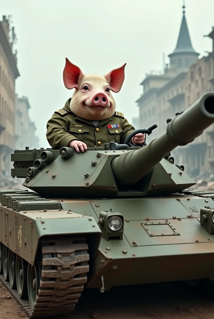 A pig that Drives a modern russian Tank from the oitside