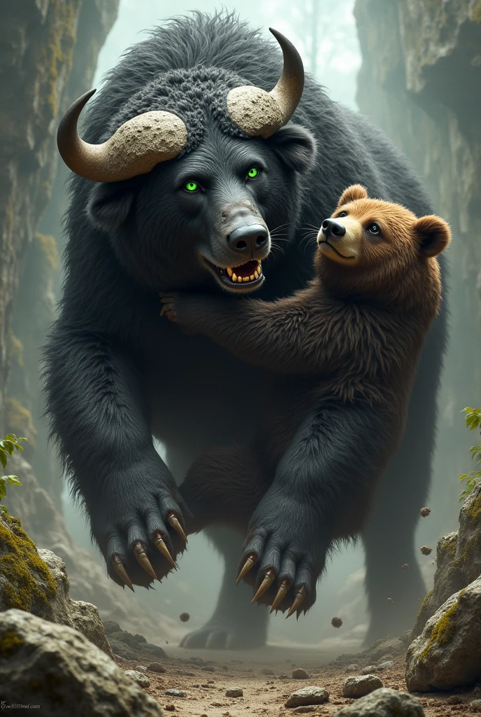 A black dog half buffalo has green eyes black curly hair fighting with bear