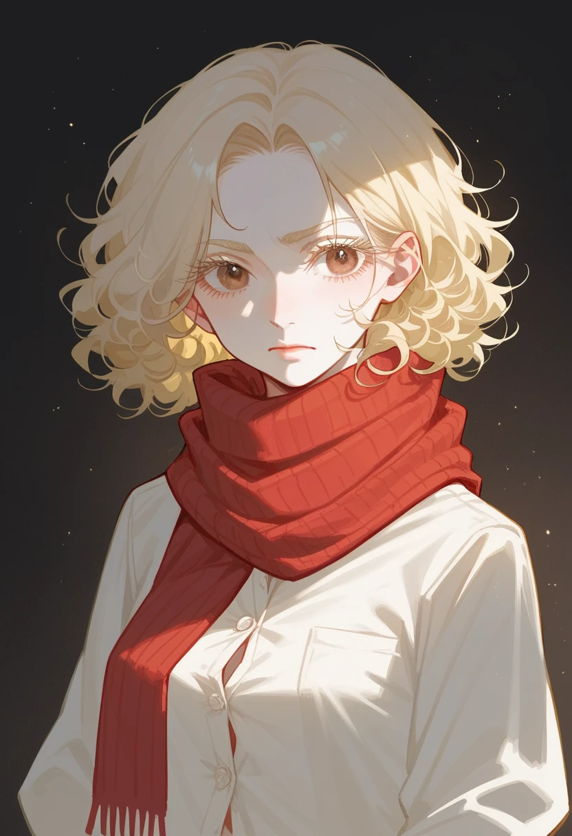 22 year old woman, has dark blonde curly hair styled in an updo and tied with a colorful red scarf.  Is a black woman with albinoism. Has light blonde eyebrows, body hair and eyelashes. has brown eyes. Has no melanin in her skin due to being albino. Has peachy white skin. Has soft features and a button nose.