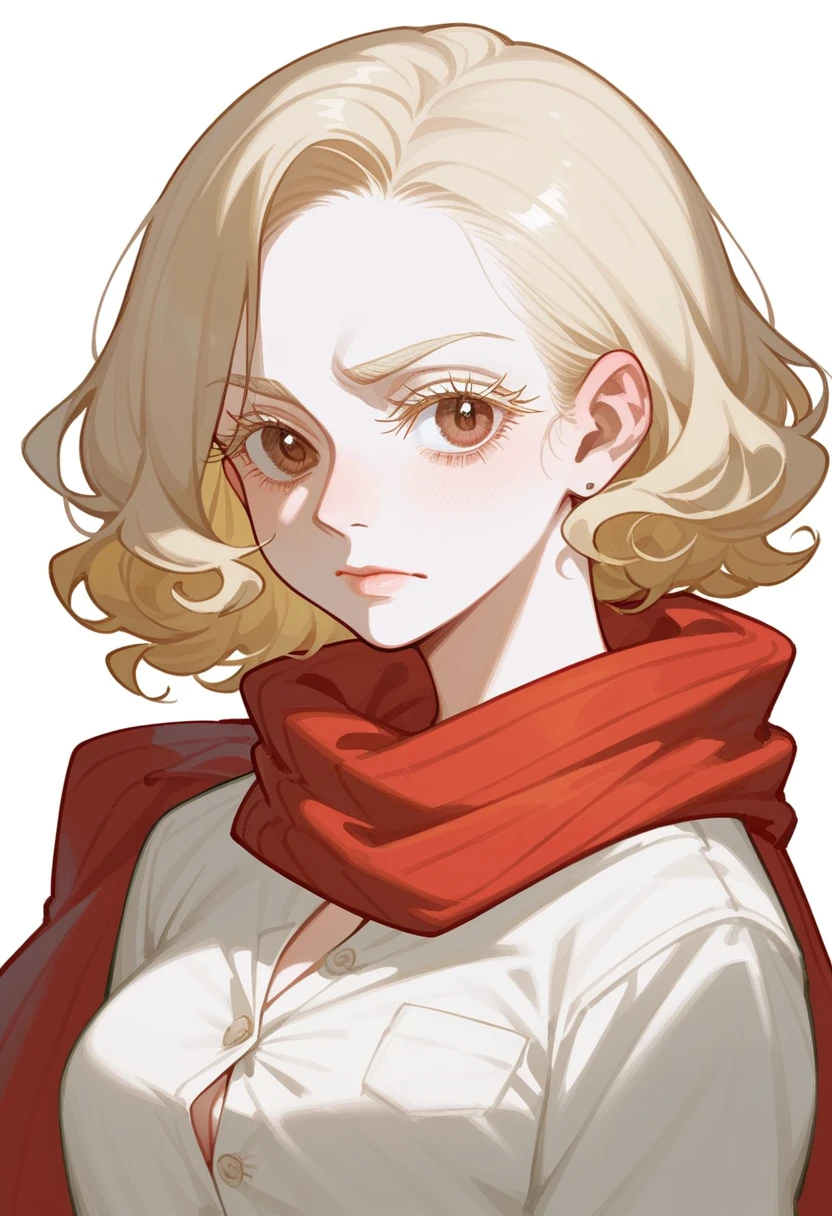 22 year old woman, has dark blonde curly hair styled in an updo and tied with a colorful red scarf. Is a black woman with albinoism. Has light blonde eyebrows, body hair and eyelashes. has brown eyes. Has no melanin in her skin due to being albino. Has peachy white skin. Has soft features and a button nose.