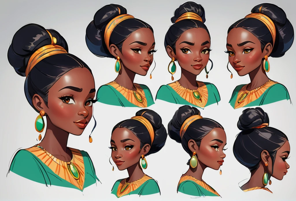 A 30 years old lady (character design sheet) face study for animation, front view, side view and back view (character spreadsheet)
African (masterpiece best quality:1.2) delicate illustration ultra-detailed, illustrations, bright, colourful,