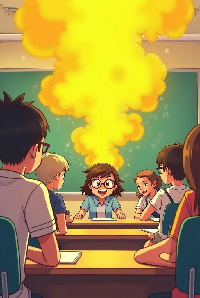 female,glasses,fart,anus,yellow smoke,classroom,The stench vibrates