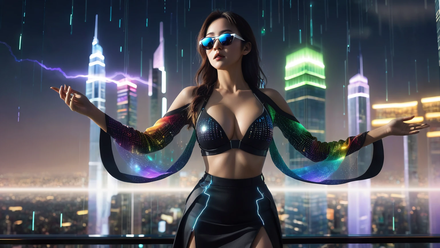 A futuristic cityscapes with colorful all-glass giant towering skyscrapers. High-resolution OLED GUI interfaces in the building, The windows are filled with transparent data visualization infographics that show it all, from weather patterns to traffic flow, Matrix cascading code. Colors are saturated and vibrant. At night, (1 female modern conjurer, solo), photo realistic, medium-breast:1.3 slim body, cleavage, sling top, miniskirt, (matrix style black sunglasses, magic power, mysterial sign, lightning), half-body thigh level medium shot, cinematic lighting, ray tracing.
