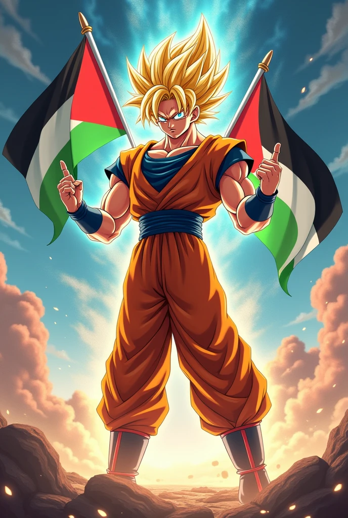 Create a high quality image named of Goku in Ultra instinct Form holding his hand Palestine Flags🇵🇸