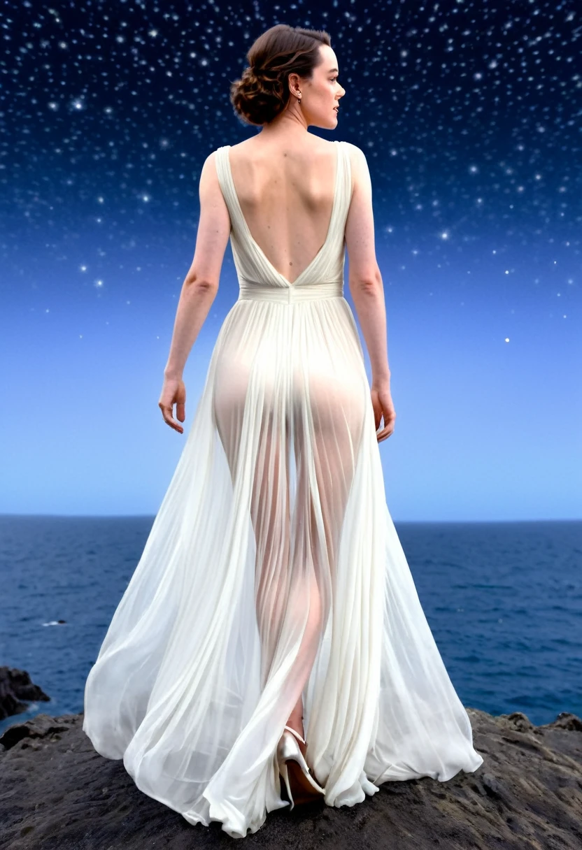 Daisy Ridley (age 25, airy sheer white elegant gown), camera low looking up at her butt and a starry sky, a few tiny space ships fly across the sky, lush ocean world