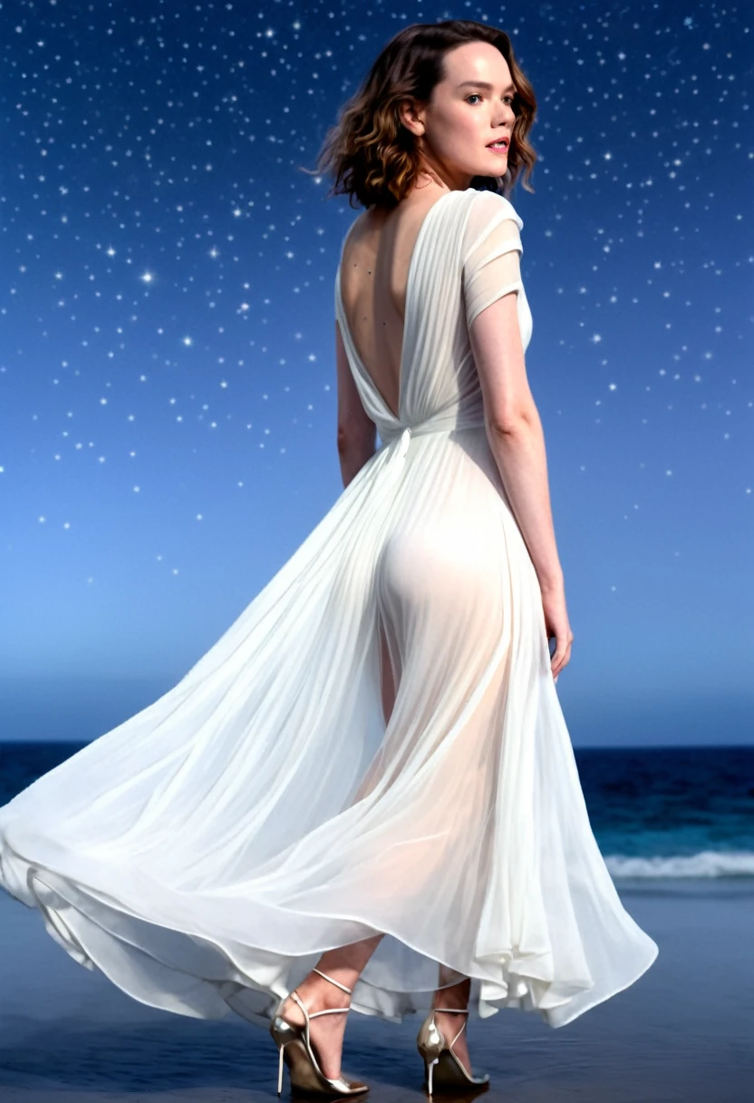 Daisy Ridley (age 25, airy sheer white elegant gown), camera low looking up at her butt and a starry sky, a few tiny space ships fly across the sky, lush ocean world