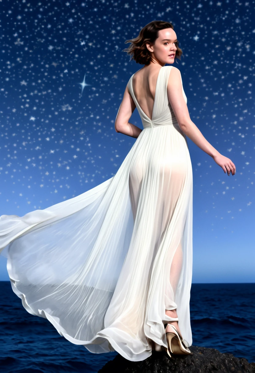 Daisy Ridley (age 25, airy sheer white elegant gown), camera low looking up at her butt and a starry sky, a few tiny space ships fly across the sky, lush ocean world
