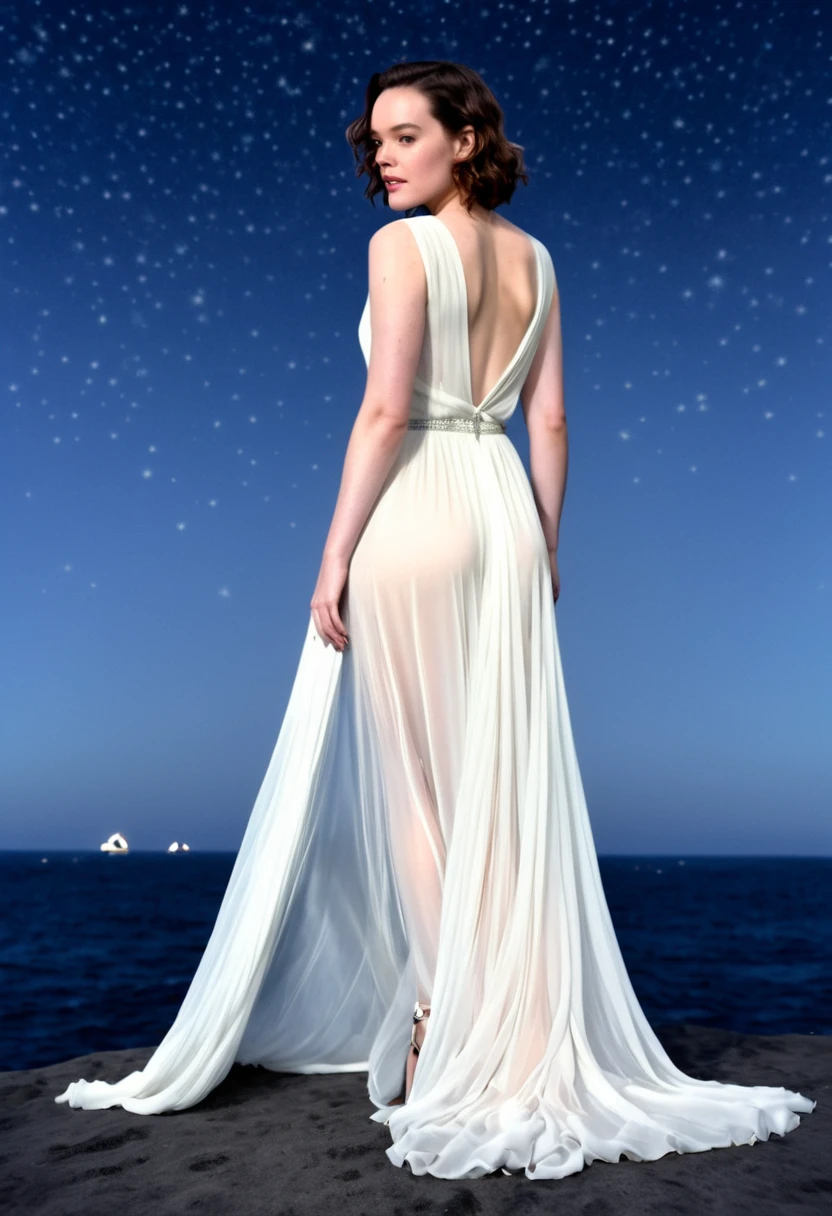 Daisy Ridley (age 25, airy sheer white elegant gown), camera low looking up at her butt and a starry sky, a few tiny space ships fly across the sky, lush ocean world