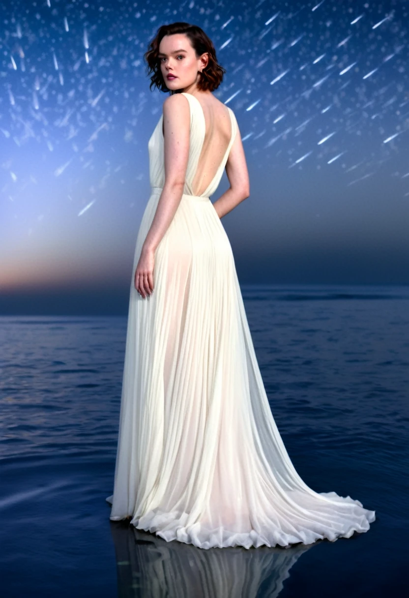 Daisy Ridley (age 25, airy sheer white elegant gown), camera low looking up at her butt and a starry sky, a few tiny space ships fly across the sky, lush ocean world