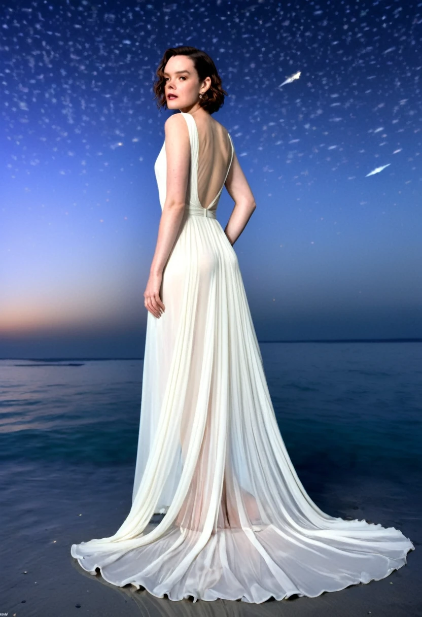 Daisy Ridley (age 25, airy sheer white elegant gown), camera low looking up at her butt and a starry sky, a few tiny space ships fly across the sky, lush ocean world