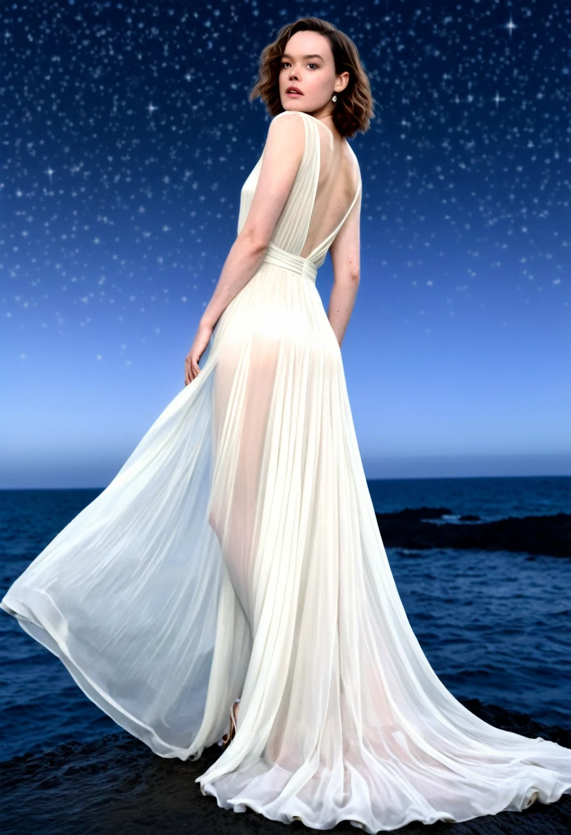 Daisy Ridley (age 25, airy sheer white elegant gown), camera low looking up at her butt and a starry sky, a few tiny space ships fly across the sky, lush ocean world