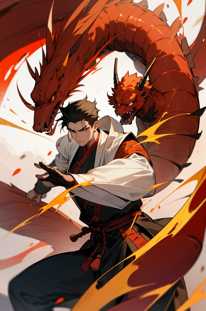 A highly detailed image of a young man wearing traditional Chinese martial arts attire, inspired by ancient wuxia (martial arts) heroes. He is in an action pose, unleashing a powerful energy strike with his hands directed forward. Behind him, a fierce fire dragon is flying towards the scene, its blazing form adding intensity to the moment. The composition should capture the essence of classic Chinese martial arts legends, with the young warrior and the fire dragon poised in a moment of synchronized power.
